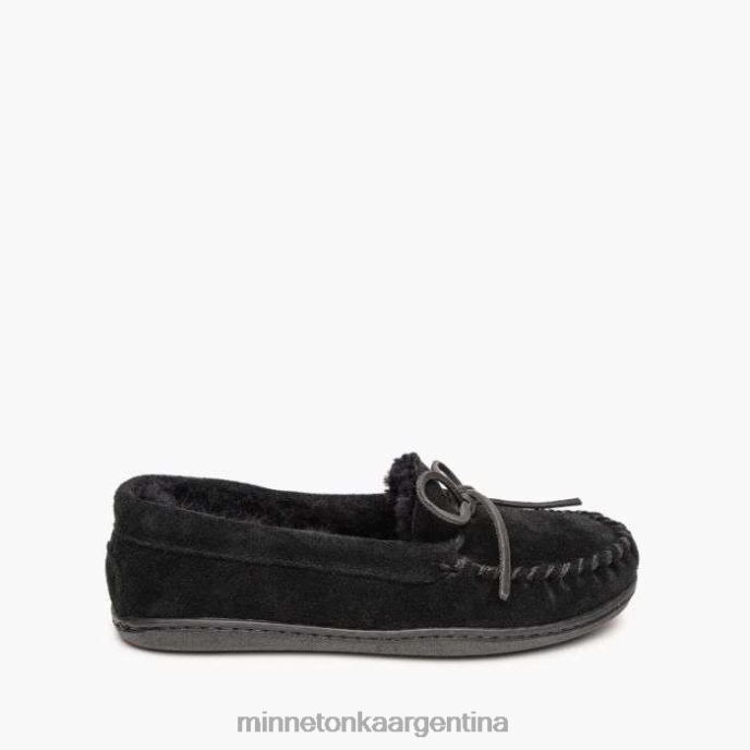 calzado negro mujer Moc con suela dura de piel de oveja Minnetonka R6DN219
