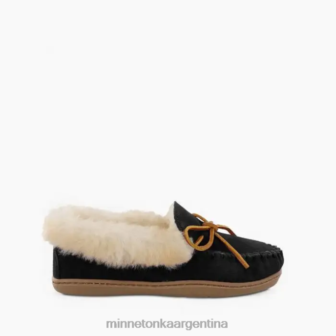 calzado negro mujer mocasín de piel de oveja alpina Minnetonka R6DN224