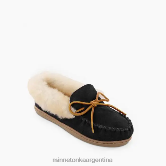 calzado negro mujer mocasín de piel de oveja alpina Minnetonka R6DN224